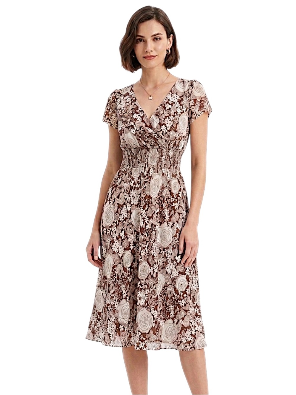 B Smart Brown Cream Floral Boho Dress Size 6